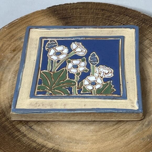 Vintage 1985 Red Clay Tile Works Blue White Floral Flowers Trivet Tile 6” - Picture 3 of 8